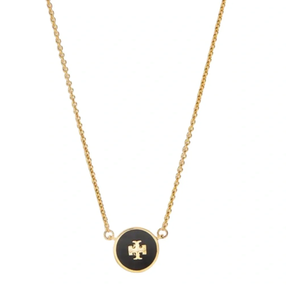 TORY BURCH • Black Raised Enamel Logo Pendant Necklace